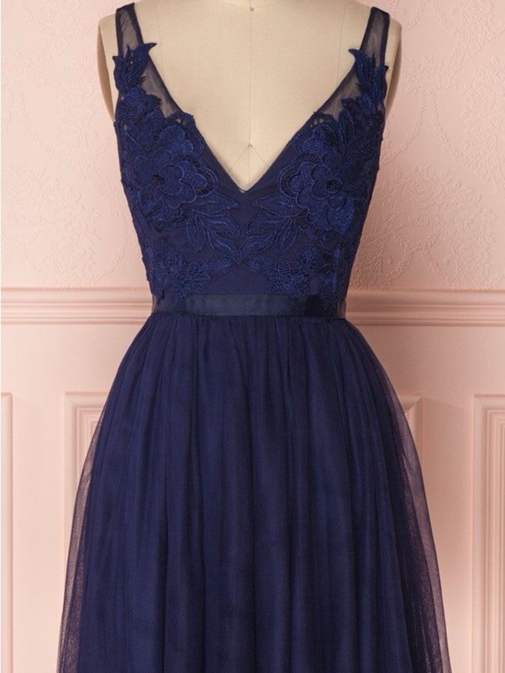 Navy Floral Lace V-Neck Tulle Evening Dress